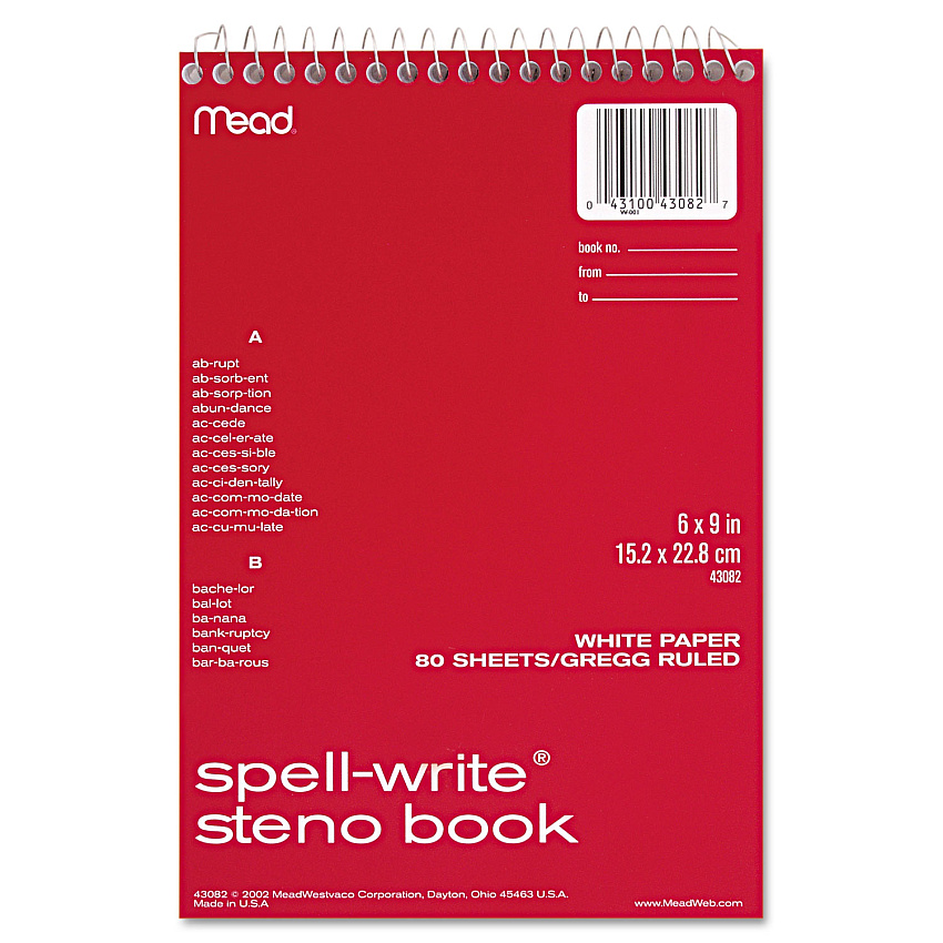 Mead Spell-Write Wirebound Steno Pad, Gregg Rule, Randomly Assorted Cover Colors, 80 White 6 x 9 Sheets (43082)