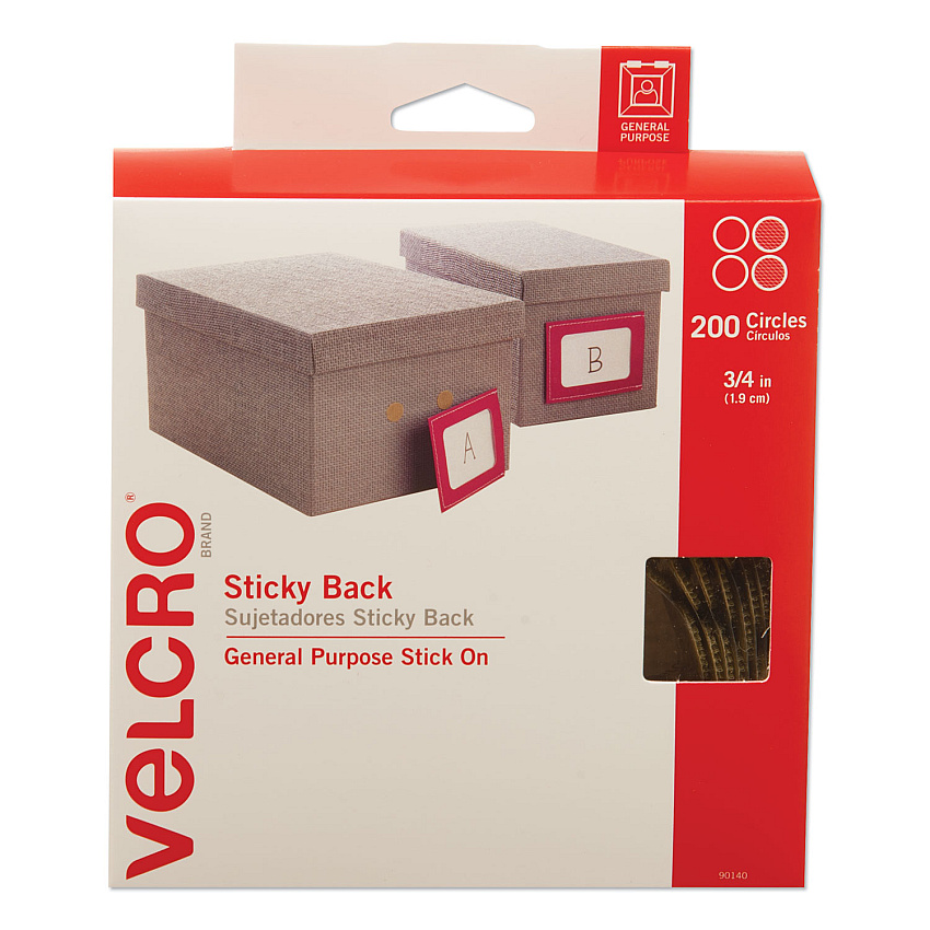 VELCRO Brand Sticky-Back Fasteners with Dispenser Box, Removable Adhesive, 0.75" dia, Beige, 200/Roll (90140)
