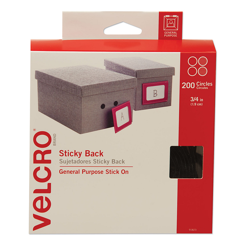 VELCRO Brand Sticky-Back Fasteners, Removable Adhesive, 0.75" dia, Black, 200/Box (91823)