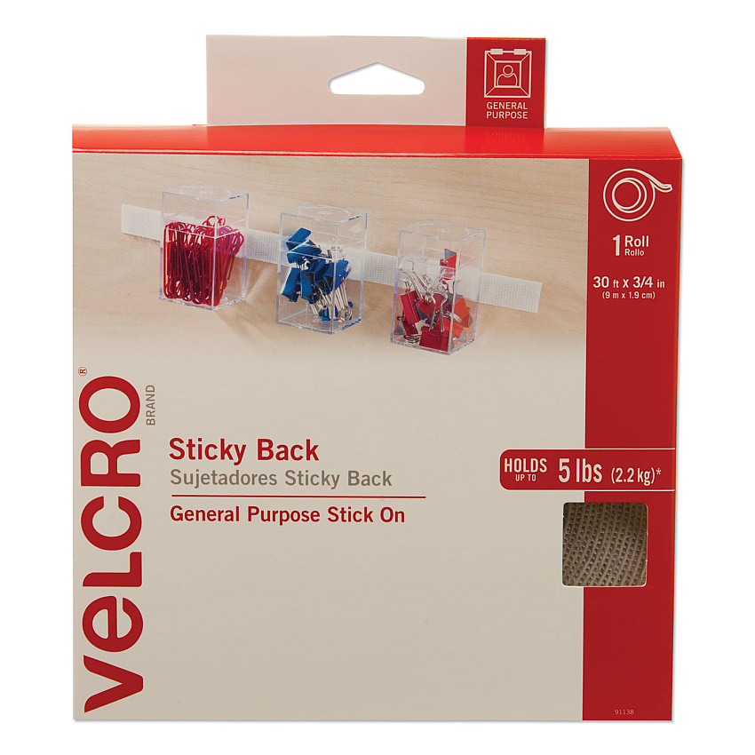 VELCRO Brand Sticky-Back Fasteners, Removable Adhesive, 0.75" x 30 ft, White (91138)