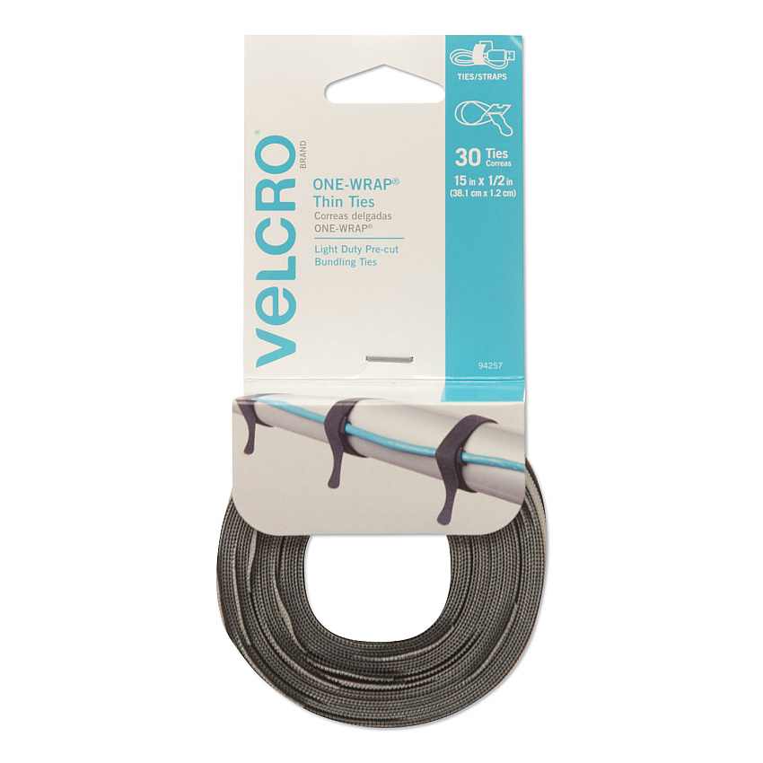 VELCRO Brand ONE-WRAP Pre-Cut Thin Ties, 0.5" x 15", Black/Gray, 30/Pack (94257)