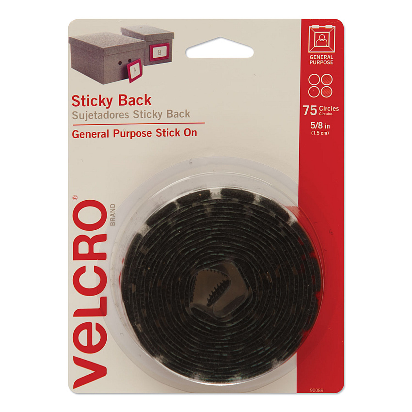 VELCRO Brand Sticky-Back Fasteners, Removable Adhesive, 0.63" dia, Black, 75/Pack (90089)