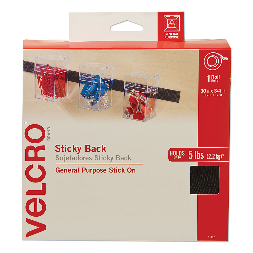 VELCRO Brand Sticky-Back Fasteners, Removable Adhesive, 0.75" x 30 ft, Black (91137)