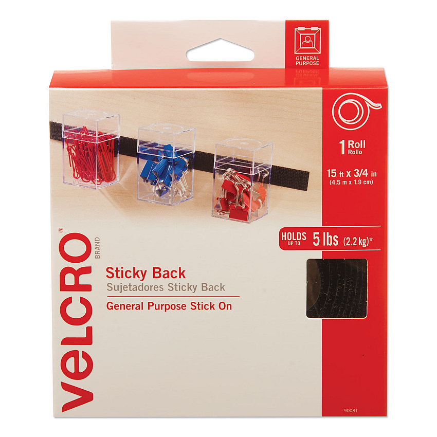 VELCRO Brand Sticky-Back Fasteners with Dispenser, Removable Adhesive, 0.75" x 15 ft, Black (90081)