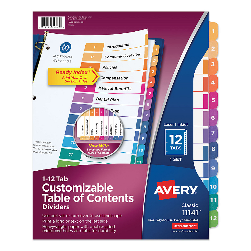 Avery Customizable TOC Ready Index Multicolor Dividers, 12-Tab, Letter (11141)