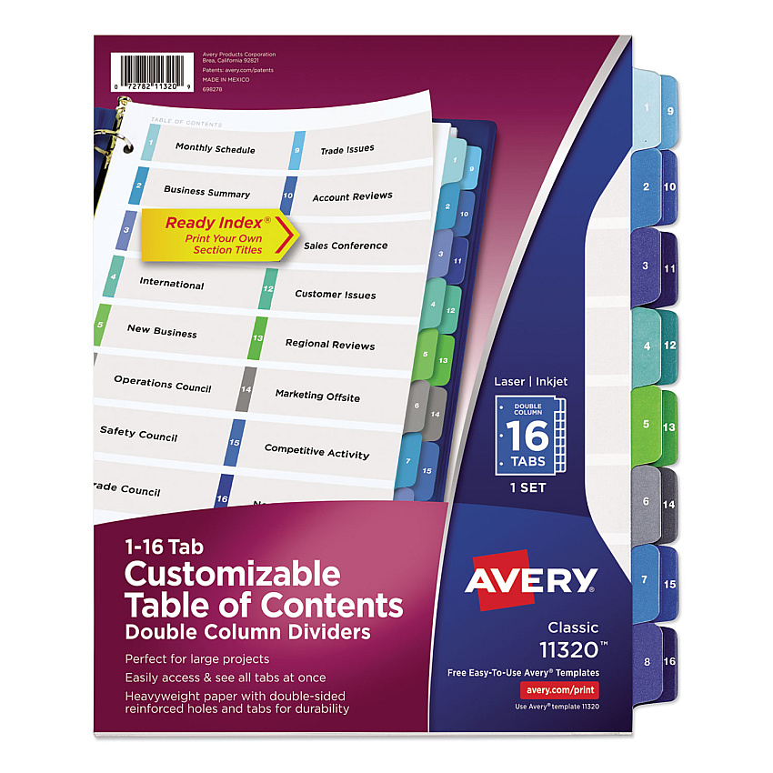 Avery Customizable TOC Ready Index Double Column Multicolor Dividers, 16-Tab, Letter (11320)