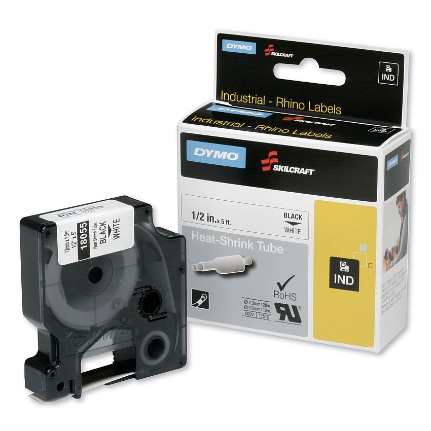 AbilityOne 7510016576749, Dymo/SKILCRAFT Heat Shrink Label Cassette, 0.5" x 5 ft, Black/White