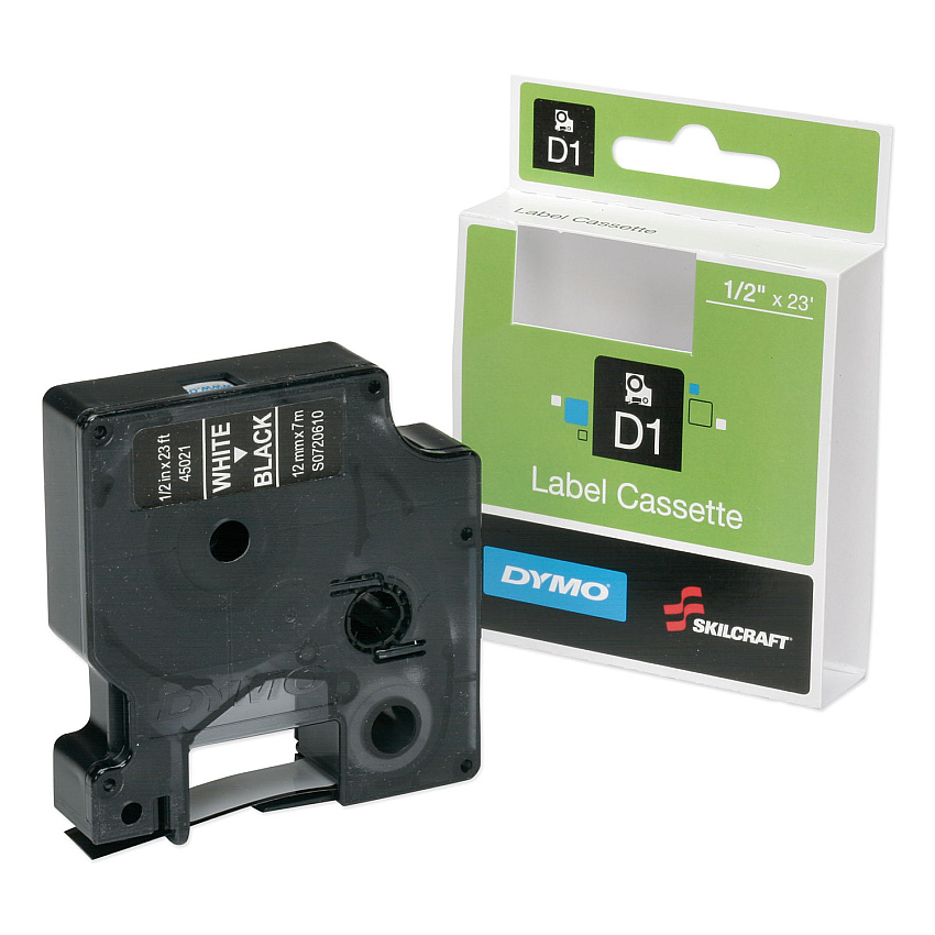AbilityOne 7510016576748, Dymo/SKILCRAFT Label Cassette, 0.5" x 23 ft, White/Black
