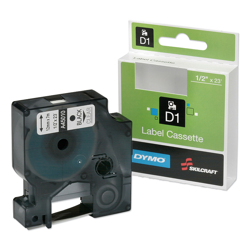 AbilityOne 7510016576747, Dymo/SKILCRAFT Label Cassette, 0.5" x 23 ft, Black/Clear