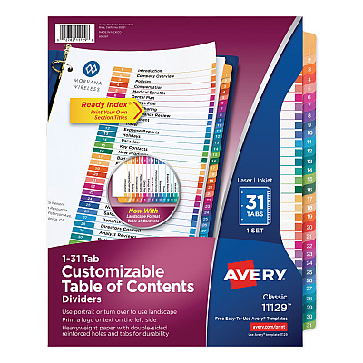Avery Customizable TOC Ready Index Multicolor Dividers, 31-Tab, Letter (11129)