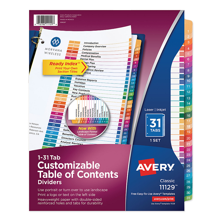 Avery Customizable TOC Ready Index Multicolor Dividers, 31-Tab, Letter (11129)