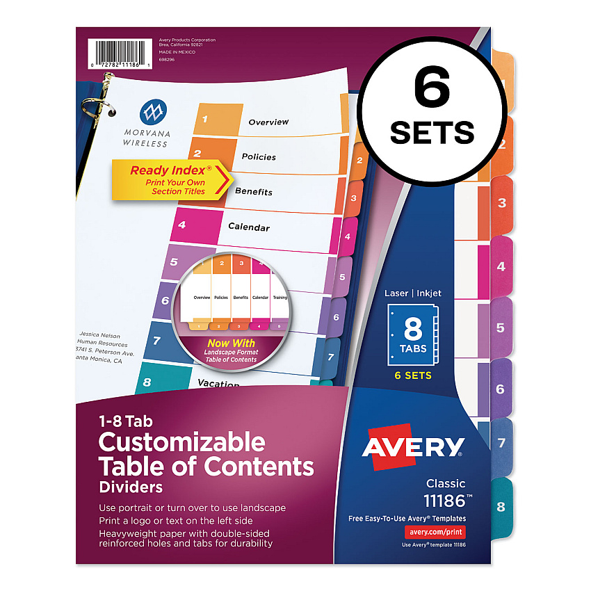 Avery Customizable TOC Ready Index Multicolor Dividers, 8-Tab, Letter, 6 Sets (11186)