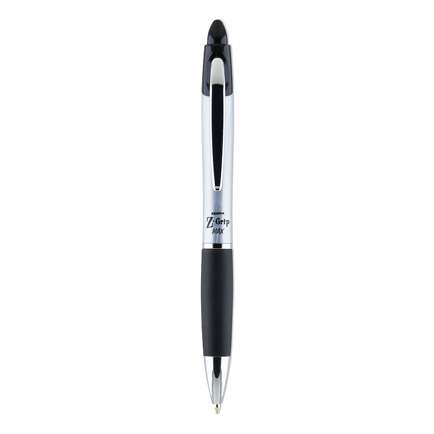 Zebra Z-Grip MAX Ballpoint Pen, Retractable, Medium 1 mm, Black Ink, Silver Barrel, 12/Pack (22410)