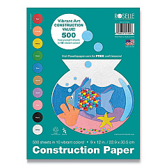 Roselle Vibrant Art Heavyweight Construction Paper, 76 lb Text Weight, 9 x 12, Assorted Colors, 500/Pack (CON01500)