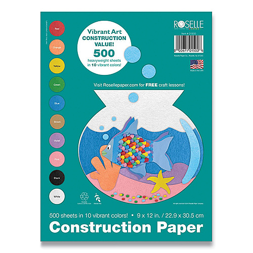 Roselle Vibrant Art Heavyweight Construction Paper, 76 lb Text Weight, 9 x 12, Assorted Colors, 500/Pack (CON01500)