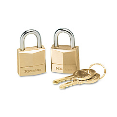 Master Lock Three-Pin Brass Tumbler Locks, 3/4" Wide, 2 Locks and 2 Keys, 2/Pack (120T)