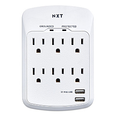 NXT Technologies Wall-Mount Surge Protector, 6 AC Outlets/2 USB Ports, 1,200 J, White (24324334)