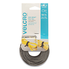 VELCRO Brand ONE-WRAP Pre-Cut Thin Ties, 0.5" x 8", Black/Gray, 50/Pack (90924)