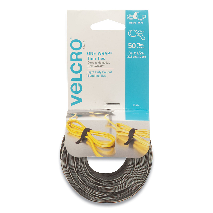 VELCRO Brand ONE-WRAP Pre-Cut Thin Ties, 0.5" x 8", Black/Gray, 50/Pack (90924)