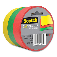 Scotch Expressions Masking Tape, 3" Core, 0.94" x 20 yds, Red, Green, Yellow, 3 Rolls/Pack (34373PRM)