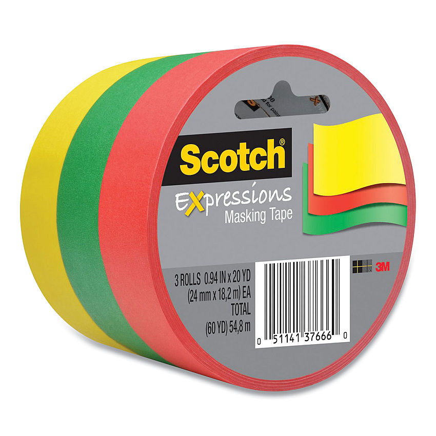 Scotch Expressions Masking Tape, 3" Core, 0.94" x 20 yds, Red, Green, Yellow, 3 Rolls/Pack (34373PRM)