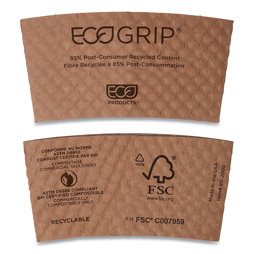 Eco-Products EcoGrip Hot Cup Sleeves - Renewable and Compostable, Fits 12, 16, 20, 24 oz Cups, Kraft, 1,300/Carton (EG2000)