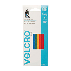 VELCRO Brand ONE-WRAP Pre-Cut Thin Ties, 0.5" x 8", Assorted Colors, 5/Pack (90438PK)