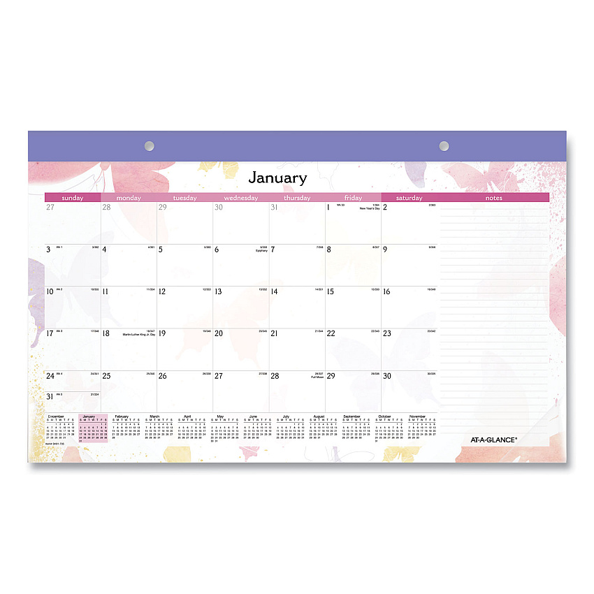 AT-A-GLANCE Watercolors Monthly Desk Pad Calendar, Watercolor Artwork, 17.75 x 11, Purple Binding/Clear Corners, 12-Month (Jan-Dec): 2023 (SK91705)