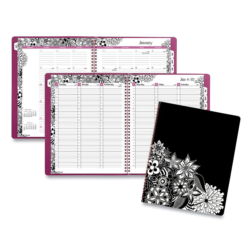 Cambridge Floradoodle Weekly/Monthly Professional Planner, Adult Coloring Artwork, 11 x 8.5, B/W Cover, 12-Month (Jan to Dec): 2023-202 (589905)