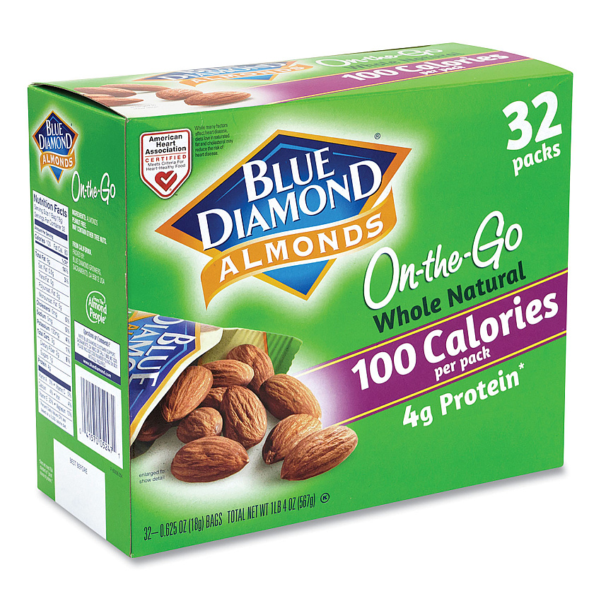 Blue Diamond Whole Natural Almonds On-the-Go, 0.63 oz Pouch, 32 Pouches/Carton (22000512)