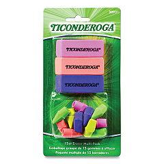 Ticonderoga Neon Eraser Multipack, For Pencil Marks, (12) End-Cap Erasers, (3) Block Erasers, Assorted Colors (38931)
