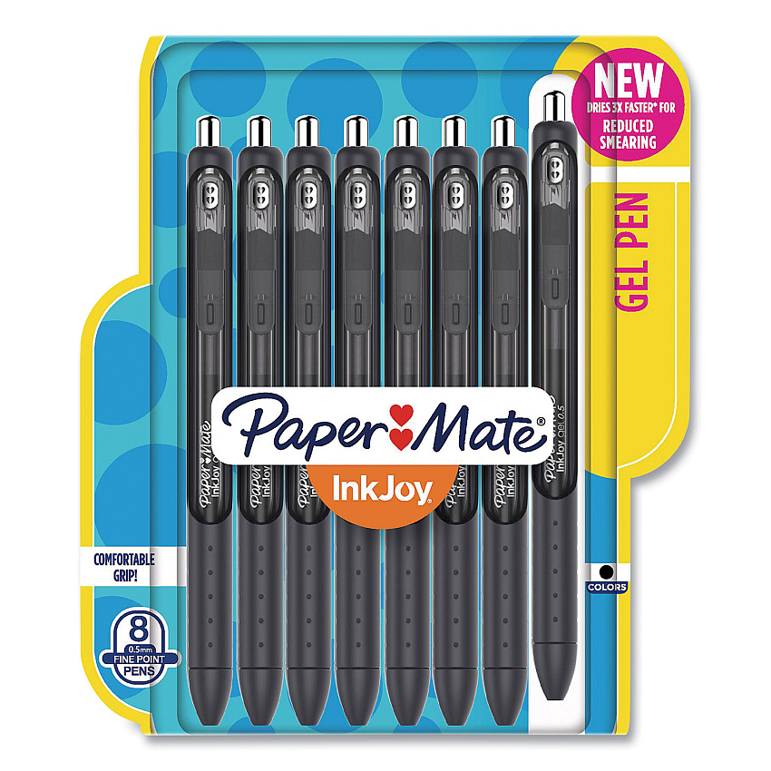 Paper Mate InkJoy Gel Pen, Retractable, Fine 0.5 mm, Black Ink, Black Barrel, 8/Pack (1968613)