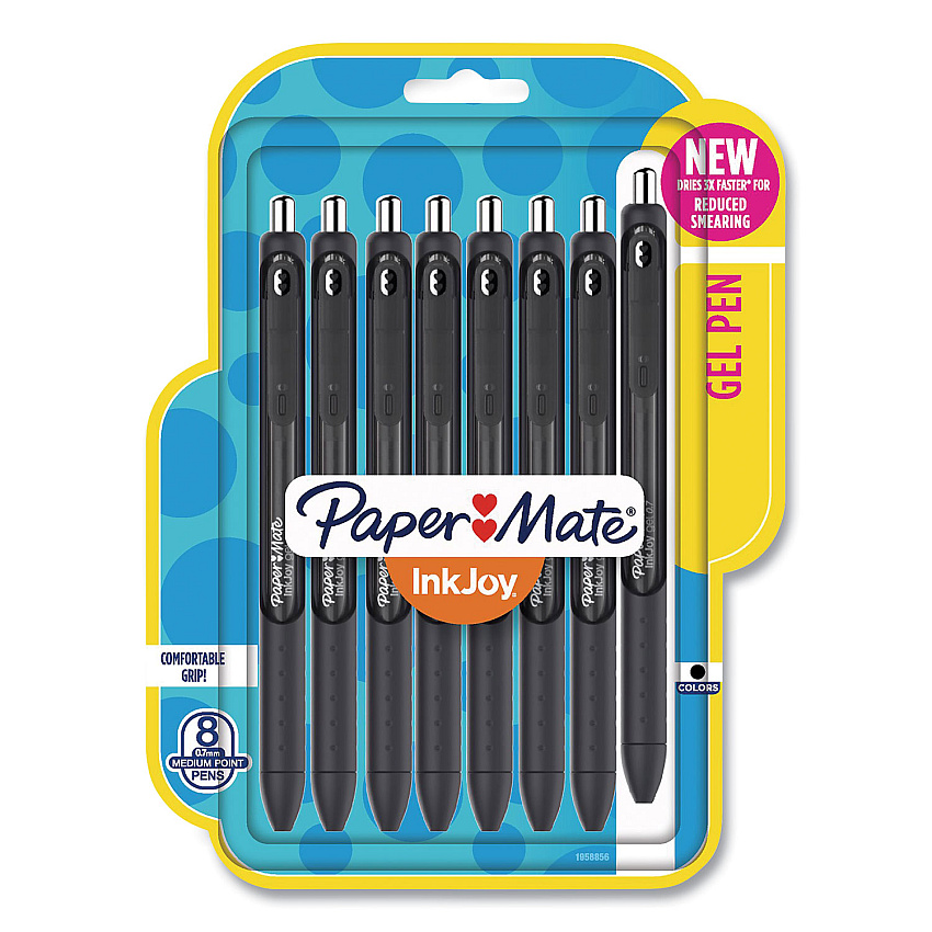 Paper Mate InkJoy Gel Pen, Retractable, Medium 0.7 mm, Black Ink, Black Barrel, 8/Pack (1958856)