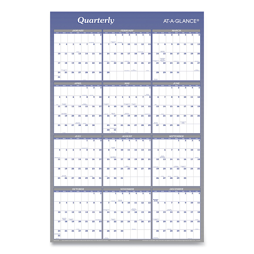AT-A-GLANCE Vertical/Horizontal Erasable Quarterly/Monthly Wall Planner, 24 x 36, White/Blue Sheets, 12-Month (Jan to Dec): 2023 (A1102)