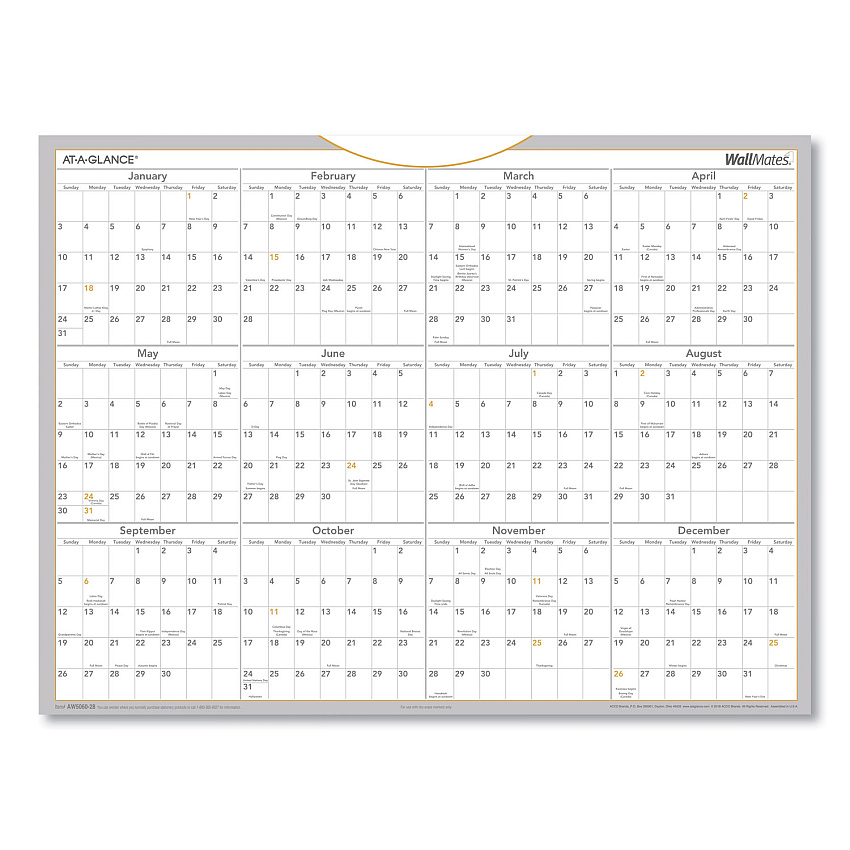 AT-A-GLANCE WallMates Self-Adhesive Dry Erase Yearly Planning Surfaces, 24 x 18, White/Gray/Orange Sheets, 12-Month (Jan to Dec): 2023 (AW506028)