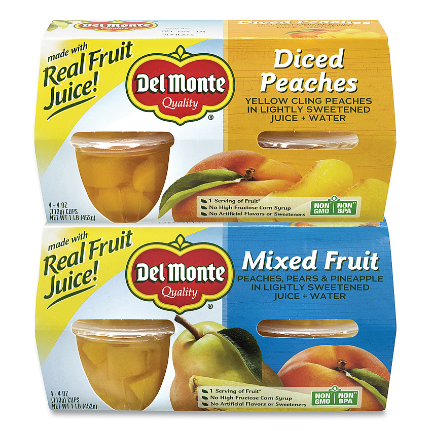 Del Monte Diced Peaches and Mixed Fruit Cups, 4 oz Cups, 16 Cups/Box (22000744)