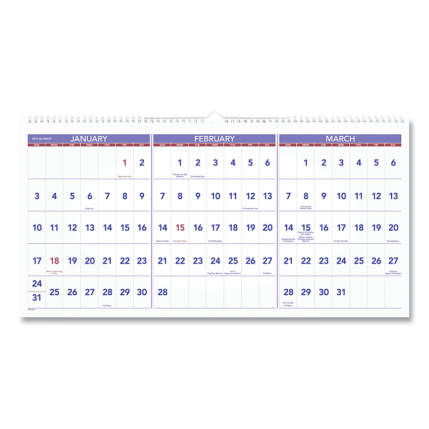 AT-A-GLANCE Deluxe Three-Month Reference Wall Calendar, Horizontal Orientation, 24 x 12, White Sheets, 15-Month (Dec-Feb): 2022 to 2024 (PM1428)