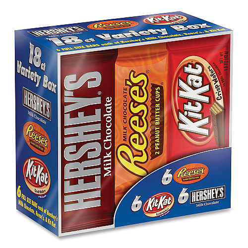 Hershey's Full Size Chocolate Candy Bar Variety Pack, Assorted 1.5 oz Bar, 18 Bars/Box (24600349)