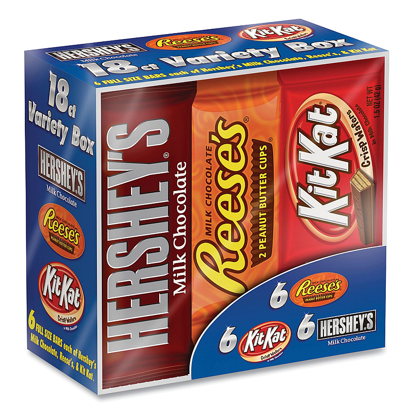 Hershey's Full Size Chocolate Candy Bar Variety Pack, Assorted 1.5 oz Bar, 18 Bars/Box (24600349)