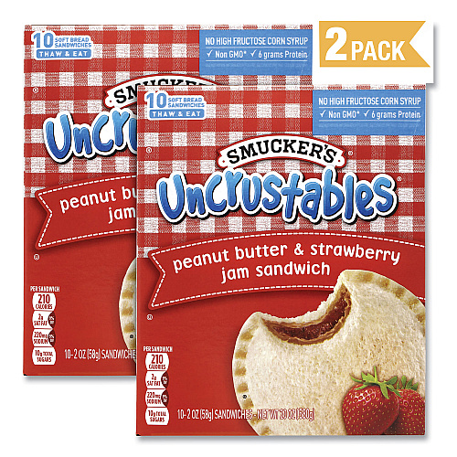 Smucker's UNCRUSTABLES Soft Bread Sandwiches, Strawberry Jam, 2 oz, 10 Sandwiches/Pack, 2 Packs/Box (90300133)