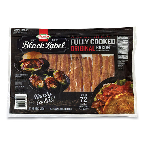 Hormel Black Label Fully Cooked Bacon, Original, 9.5 oz Package, Approximately 72 Slices/Pack (90200109)
