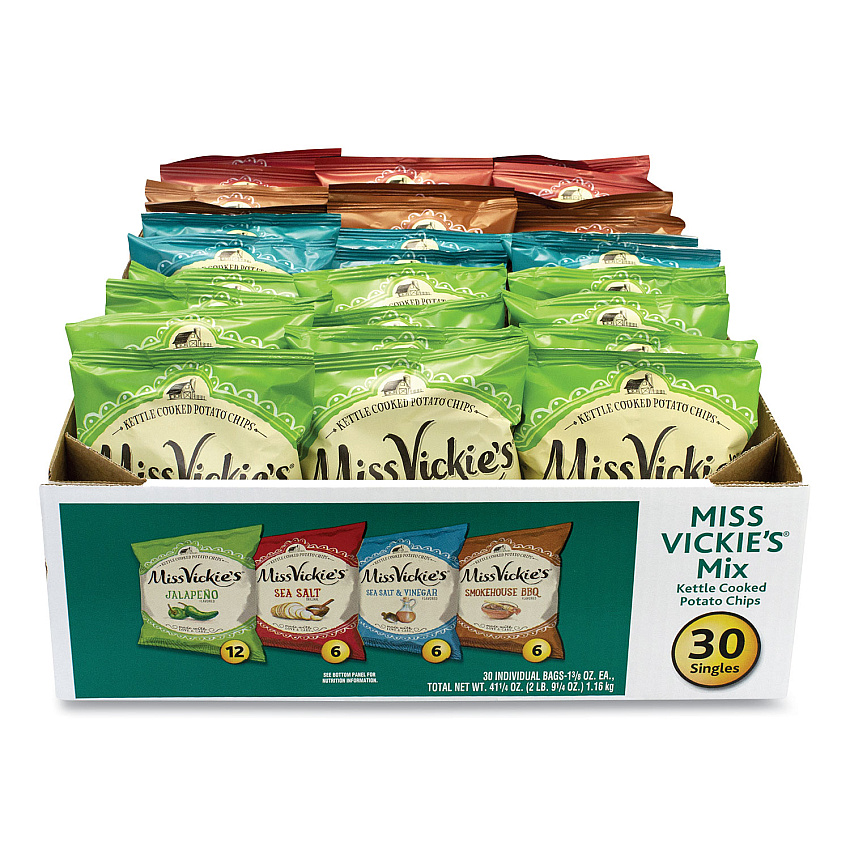 Miss Vickie's Kettle Cooked Chips Variety Mix, Four Assorted Flavors, 1.38 oz Bags, 30 Bags/Box (29500010)