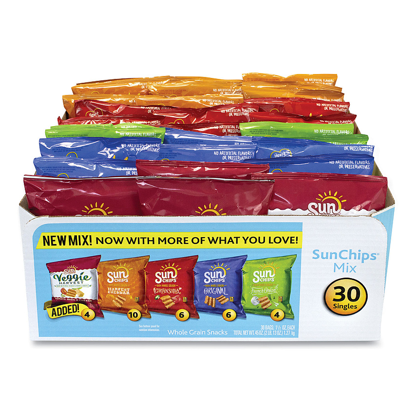 SunChips Variety Mix, Assorted Flavors, 1.5 oz Bags, 30 Bags/Box (29500009)