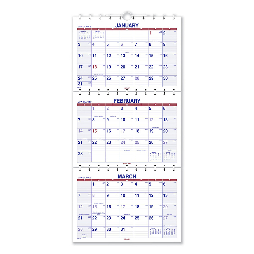 AT-A-GLANCE Move-A-Page Three-Month Wall Calendar, 12 x 27, White/Red/Blue Sheets, 15-Month (Dec to Feb): 2022 to 2024 (PMLF1128)