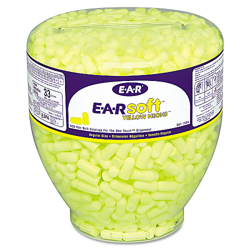 3M E-A-Rsoft Neon Tapered Earplug Refill, Cordless, Yellow, 500/Box (3911004)