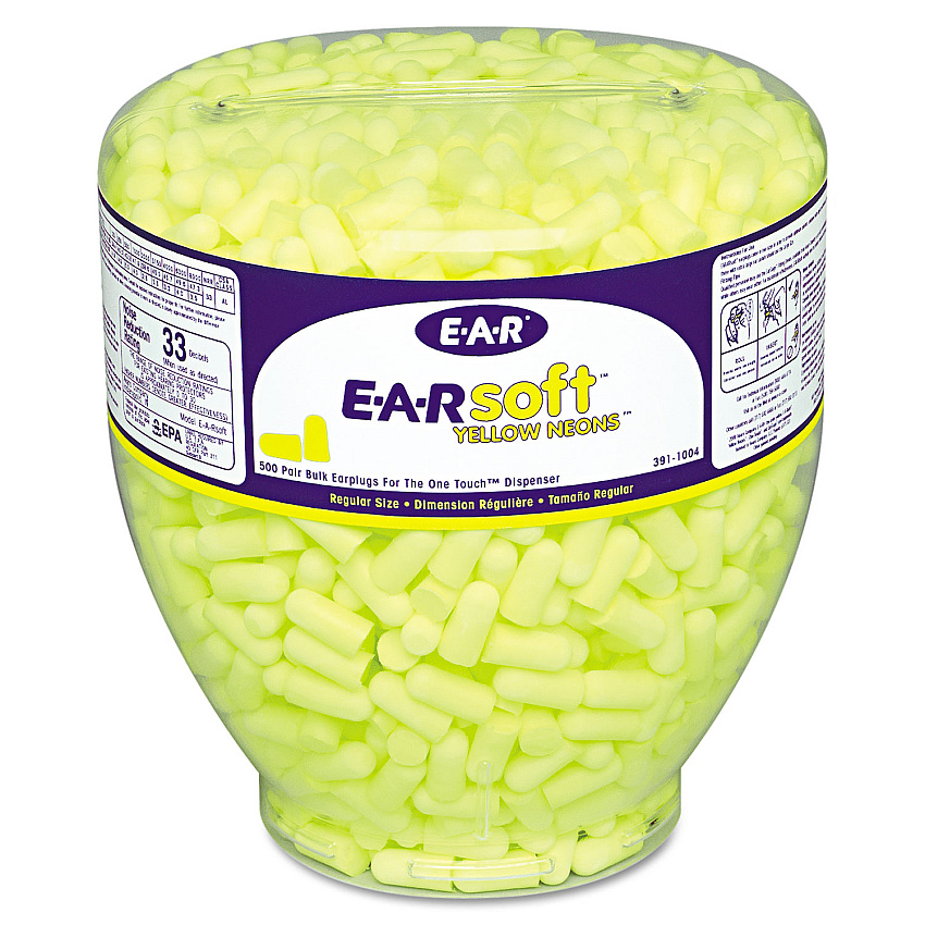 3M E-A-Rsoft Neon Tapered Earplug Refill, Cordless, Yellow, 500/Box (3911004)