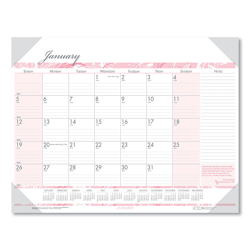 House of Doolittle Recycled Monthly Desk Pad Calendar, Breast Cancer Awareness Artwork, 18.5 x 13, Black Binding/Corners,12-Month(Jan-Dec): 2023 (1466)