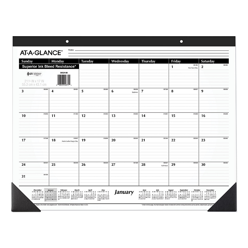 AT-A-GLANCE Ruled Desk Pad, 22 x 17, White Sheets, Black Binding, Black Corners, 12-Month (Jan to Dec): 2023 (SK2400)