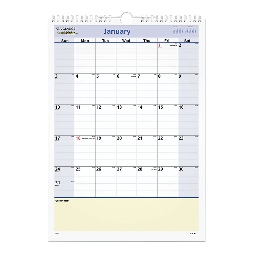 AT-A-GLANCE QuickNotes Wall Calendar, 12 x 17, White/Blue/Yellow Sheets, 12-Month (Jan to Dec): 2023 (PM5228)