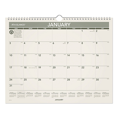 AT-A-GLANCE Recycled Wall Calendar, Unruled Blocks, 15 x 12, Sand/Green Sheets, 12-Month (Jan to Dec): 2023 (PMG7728)